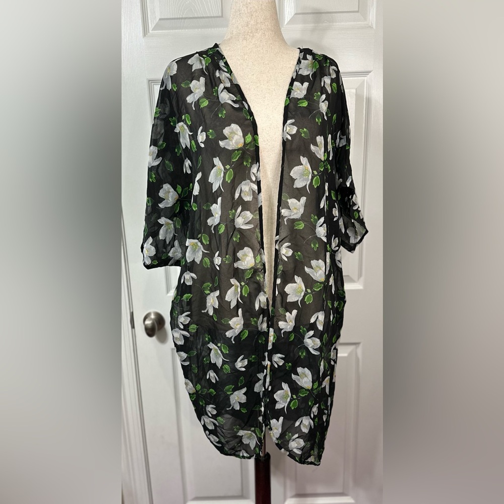 Truth Black Sheer Cover up Cardigan with Green and White Floral Magnolia Design